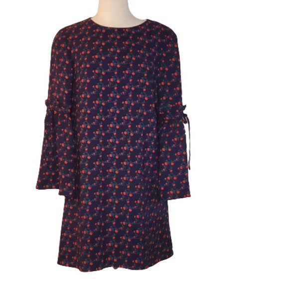 Tanya Taylor Floral Sheath Dress Bell Sleeves w/Tie Detail Size 12 Navy Red